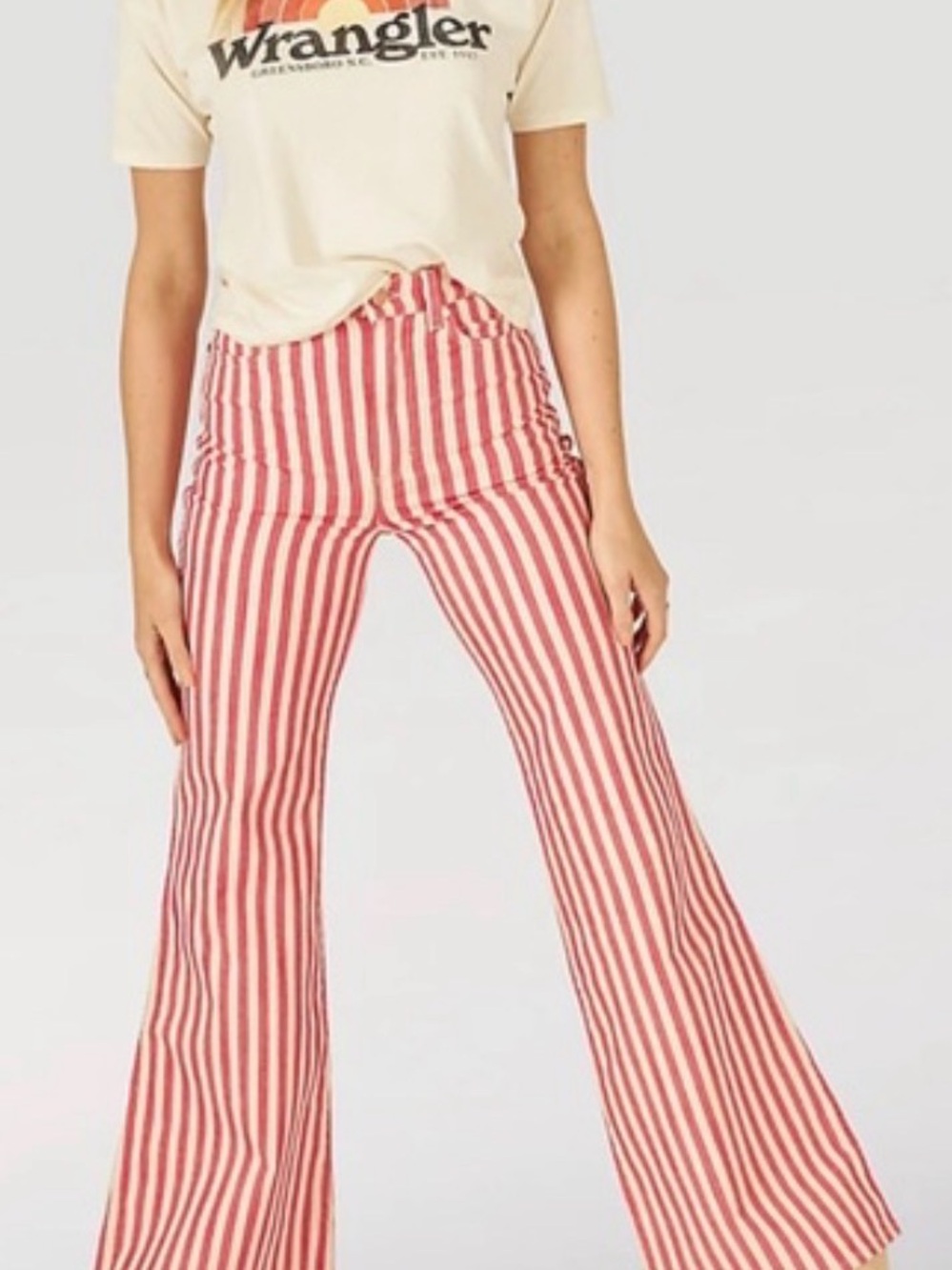 Wrangler Wanderer Bell Bottom Flare Jeans USA Red White Stripe High Rise 26 Boho - Picture 2 of 11
